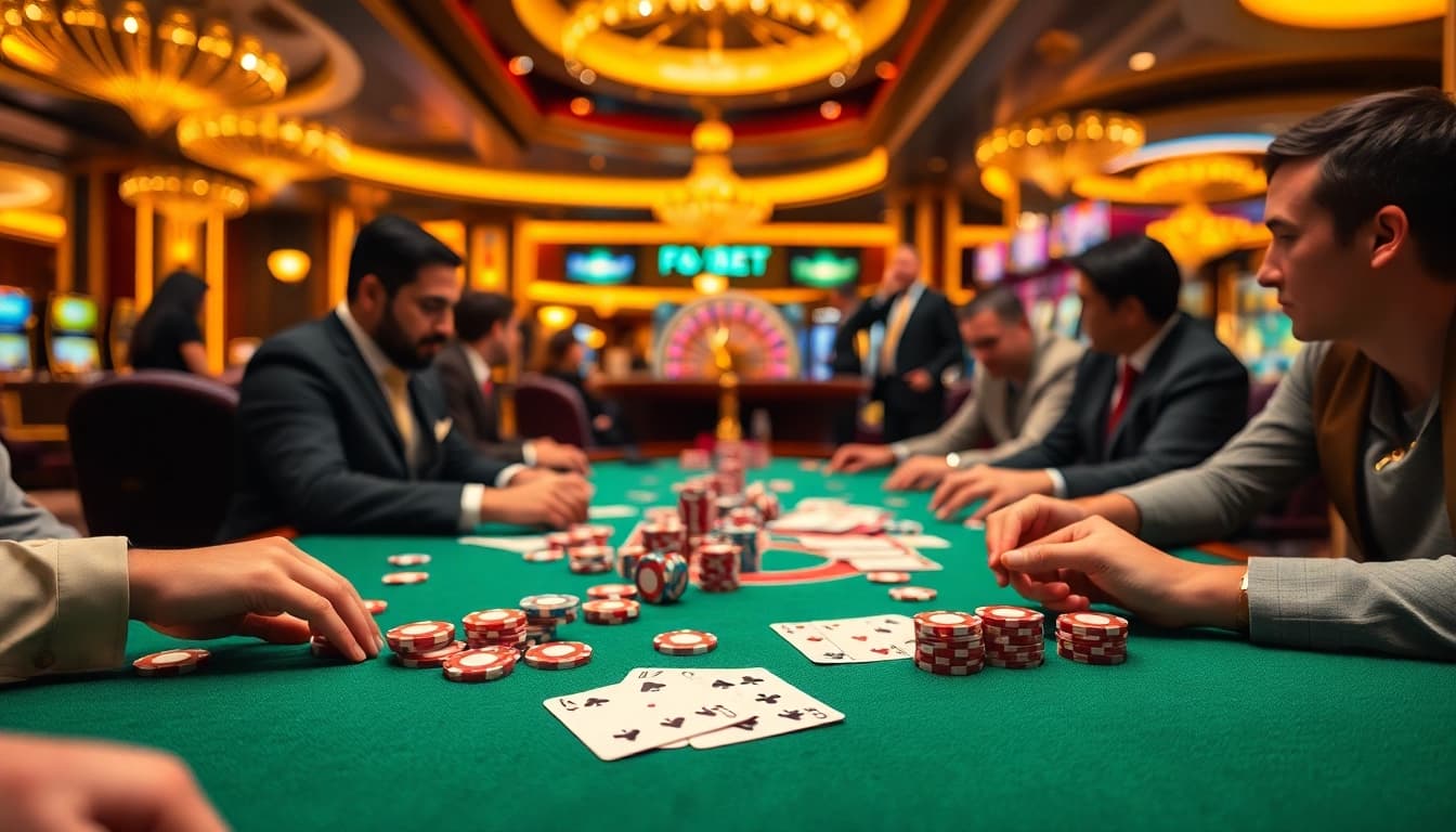 F8BET players engaging in a thrilling poker game with vibrant chips and cards.