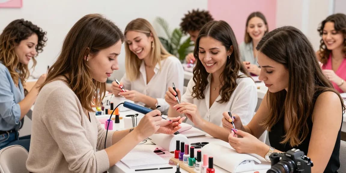 Atelier de artă pe unghii cu utilizarea frezei unghii electrice, prezentând modele vibrante de unghii.