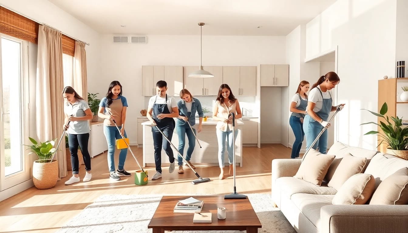 Cleaning Service team thoroughly cleaning a bright, modern home, ensuring sparkling surfaces.