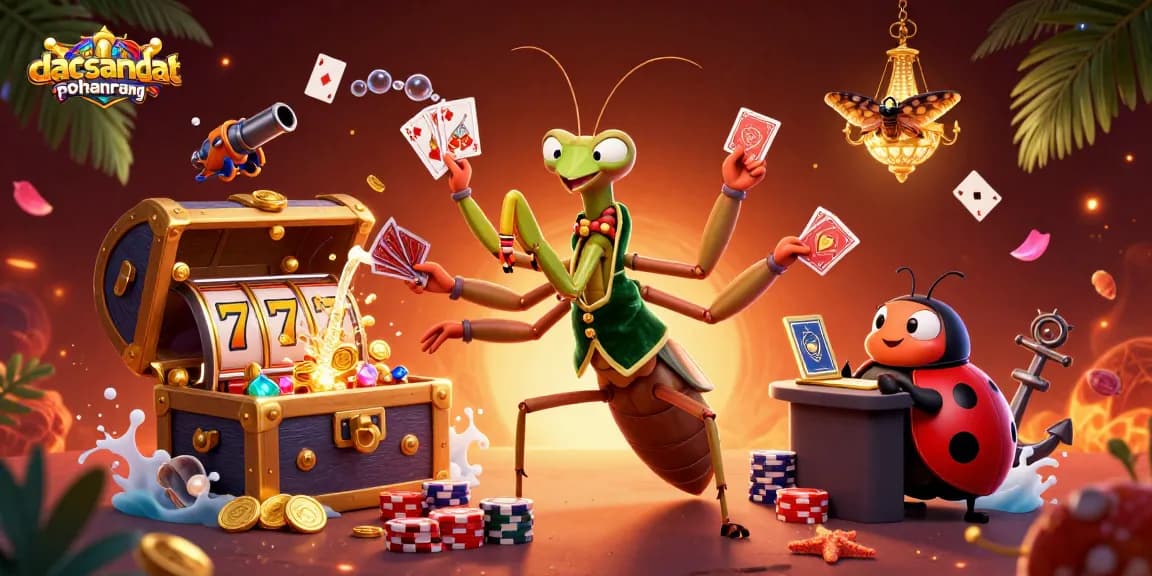 Engage with dacsandatphanrang as the giant mantis card sharp deals cards in vibrant casino scenes.