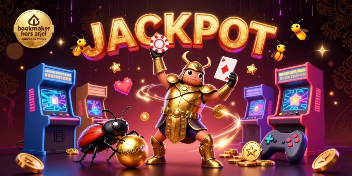 Visualisez le bookmaker hors ARJEL autorisé en France avec un scarabée en armure dorée célébrant un jackpot.