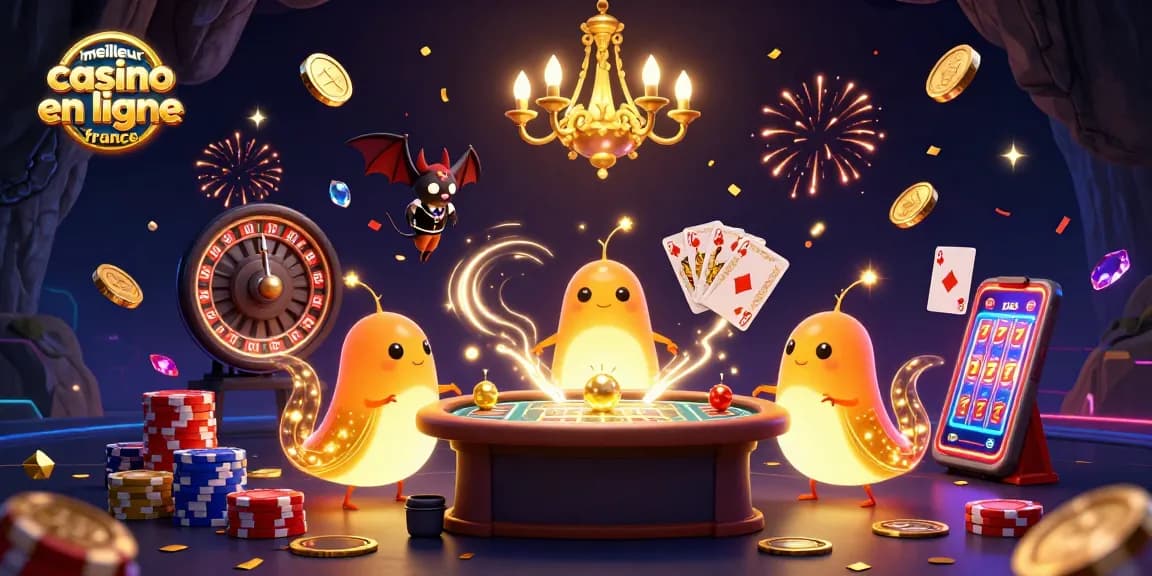 Jouez avec le meilleur casino en ligne France, entouré de lucioles éclairant un casino dynamique.