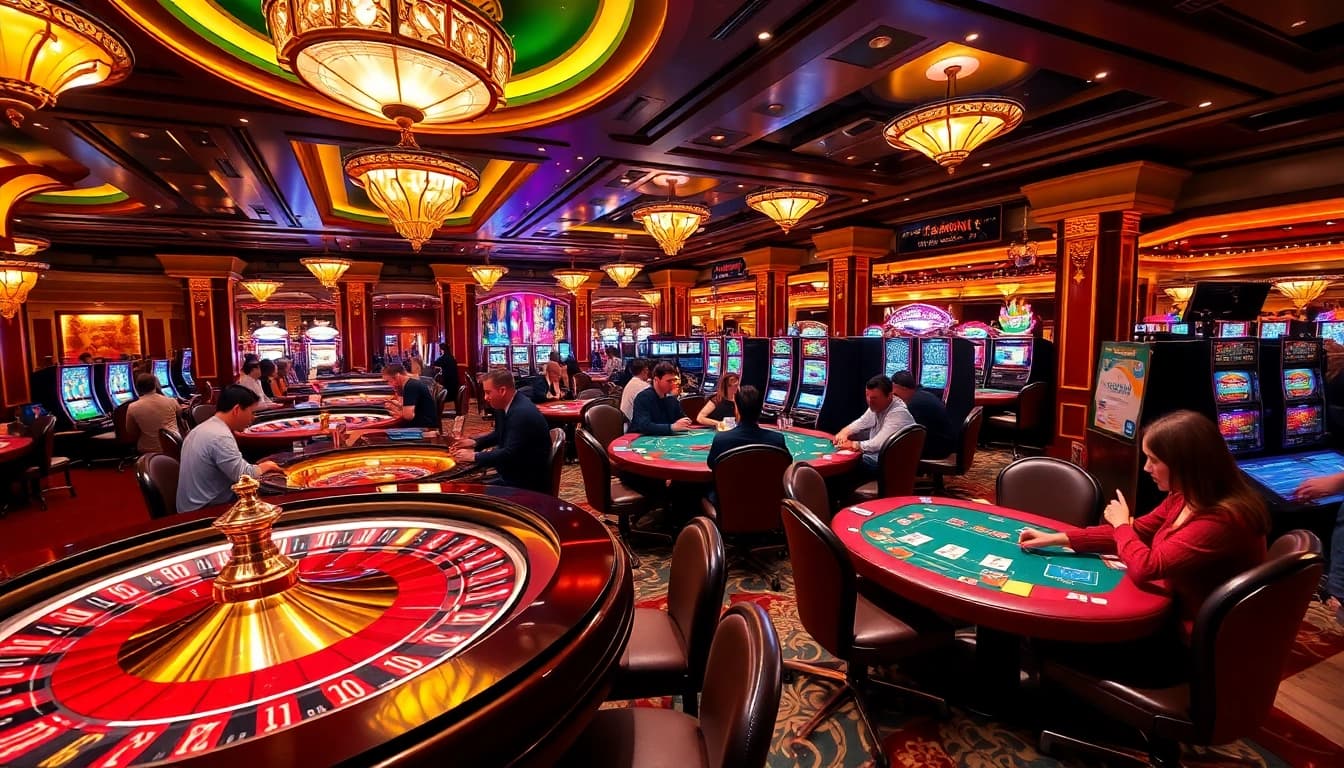Casino scene at https://shbet.law/ featuring roulette, poker tables, and engaging players.