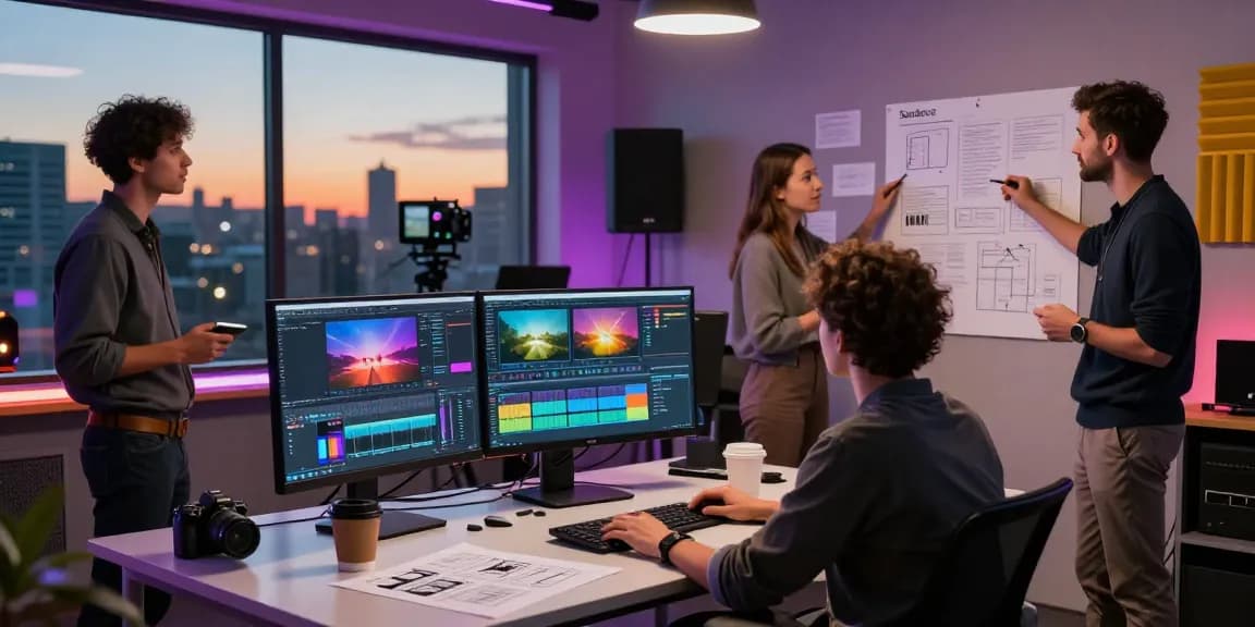 Dynamic team collaboration using seedance ai video generator in a modern studio.