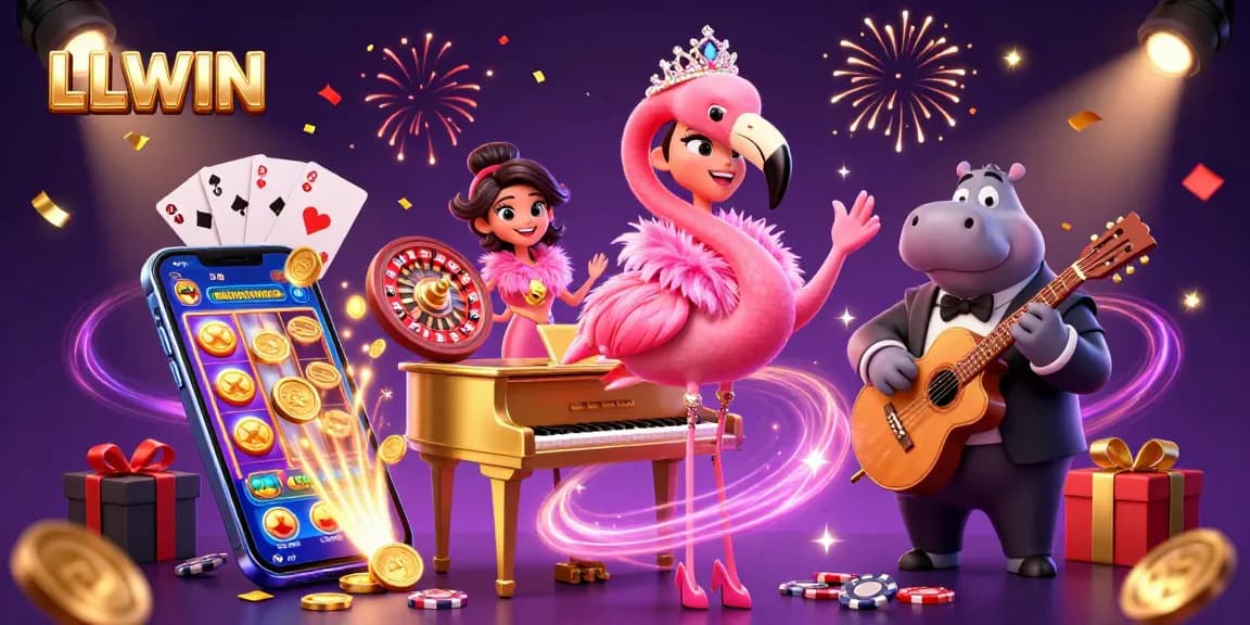 LLWIN showcases a vibrant online gaming scene featuring a flamingo singer and hippo bassist surrounded by casino elements.