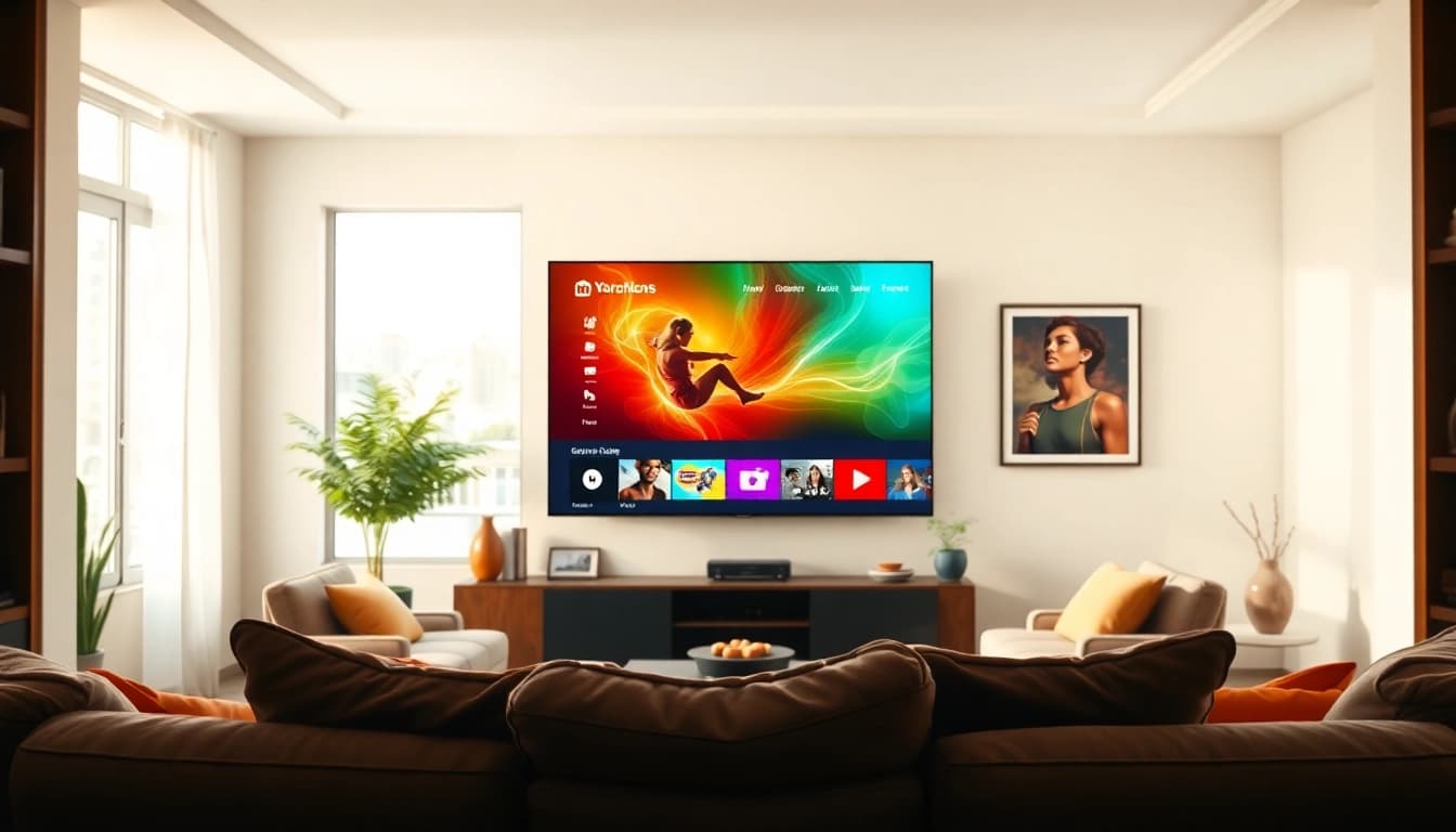 Explore the iron tv pro interface in a stylish living room setup featuring a smart TV.