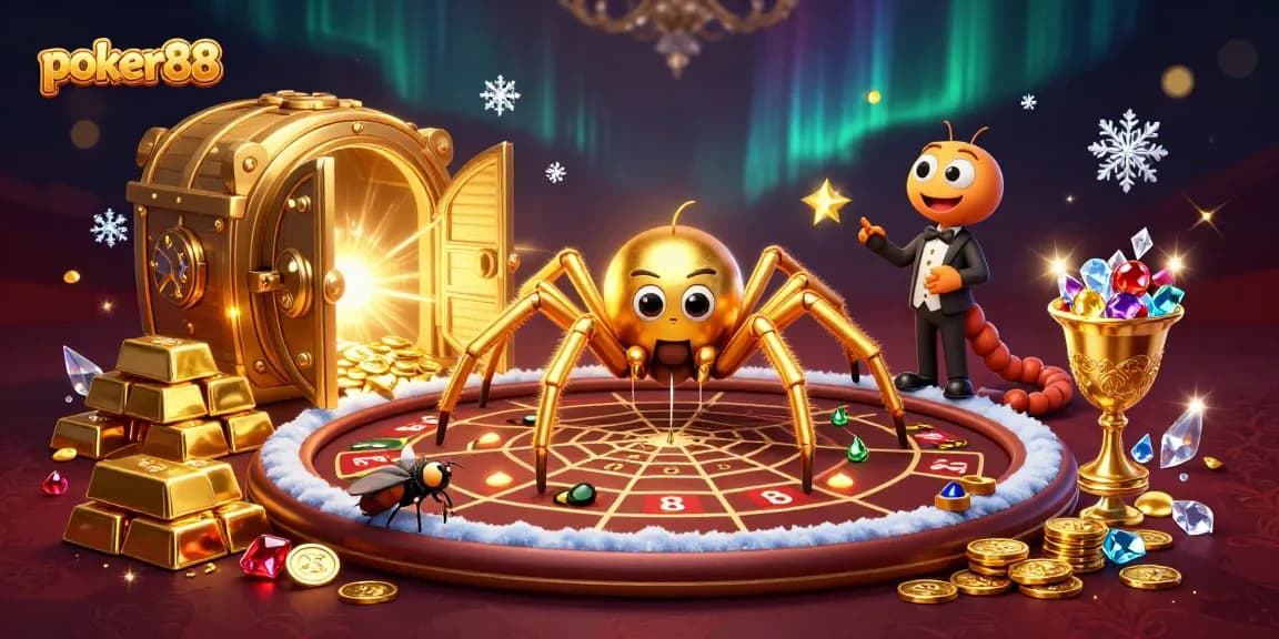 Play poker88 with skill as a golden spider spins a poker table web in a vibrant casino scene.