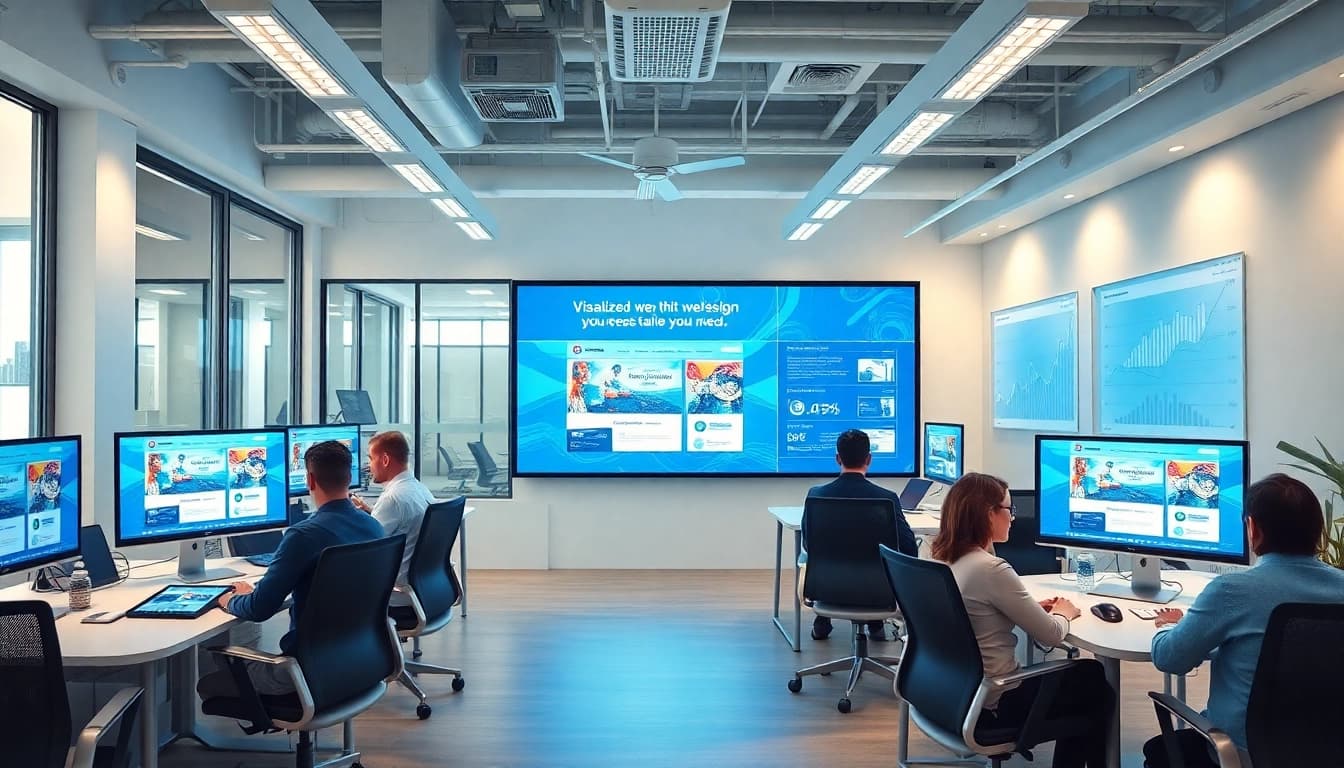 Professional office of a công ty thiết kế website showcasing vibrant digital designs and collaborative work.
