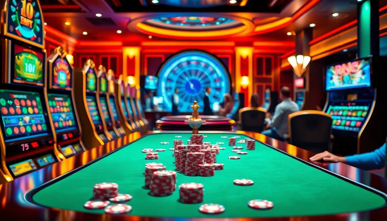Engaged players enjoying birutoto at a luxurious casino with vibrant slot machines and poker chips.