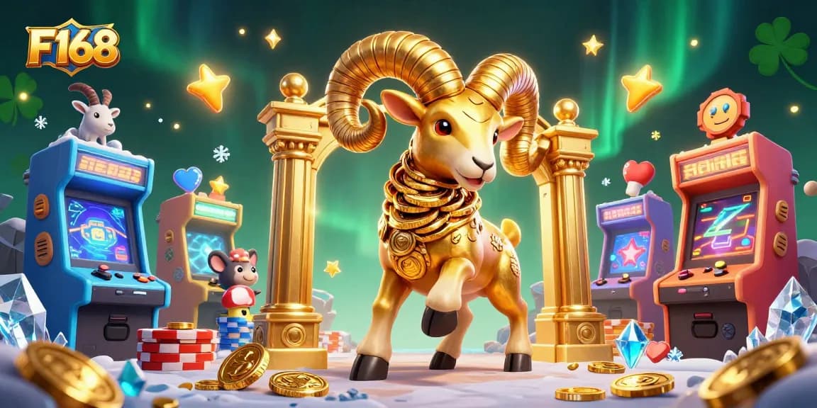 Engage in thrilling F168 gaming with a golden ram and colorful arcade elements in a vibrant casino atmosphere.