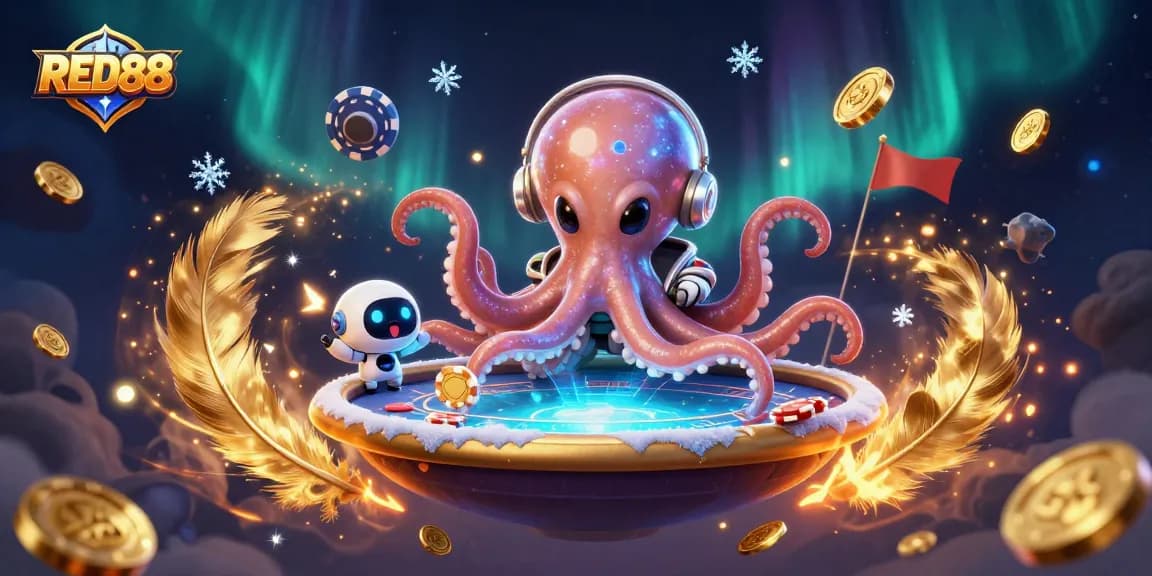RED88 alien octopus engaging in a holographic poker game amidst swirling cosmic effects and betting tokens.