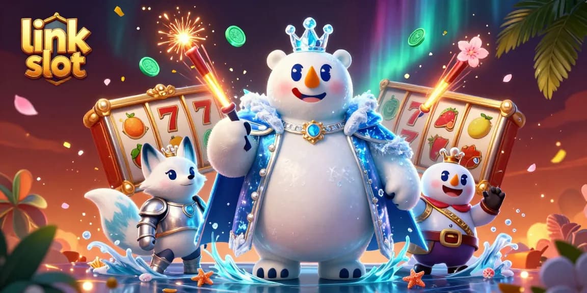 Engage with exciting link slot games featuring vivid characters, spinning reels, and vibrant casino elements.