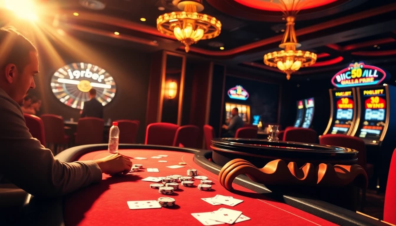 Players celebrating a big win at an i9bet poker table amidst luxury casino ambiance.
