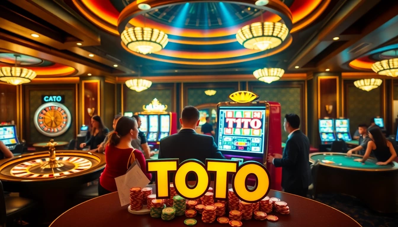 Engage with thrilling action around a toto slot machine in a luxurious casino setting.