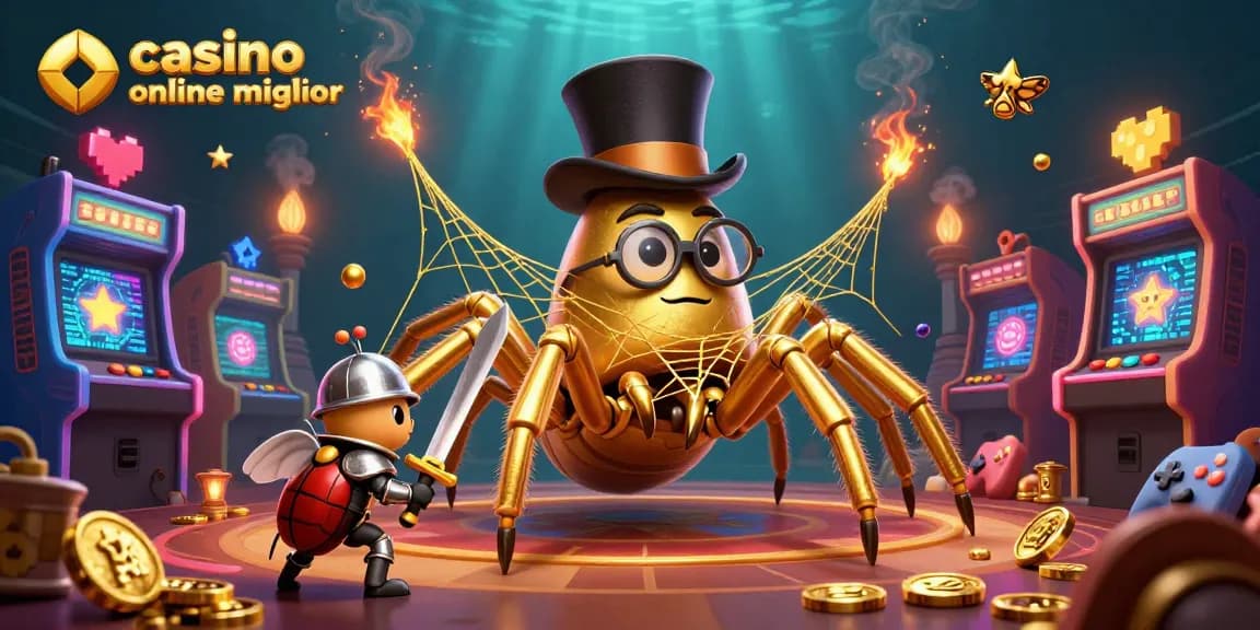 Gioca nei migliori casinò online con una scena vivace di avventure tra un ragno dorato e un cavaliere in armatura.
