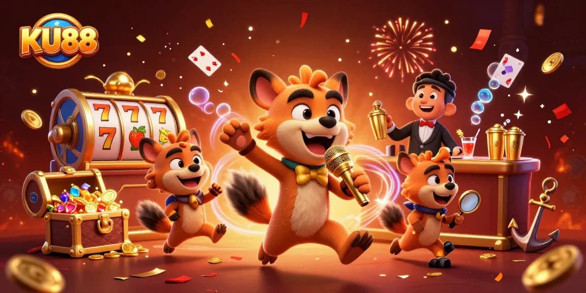Engage with the dynamic comedy club casino scene at KU88 featuring hyenas in action with vibrant game symbols.