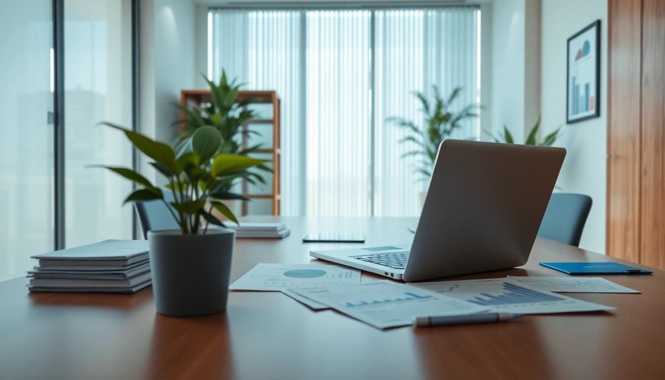 Superfund accountant working in a modern office with financial documents and graphs.