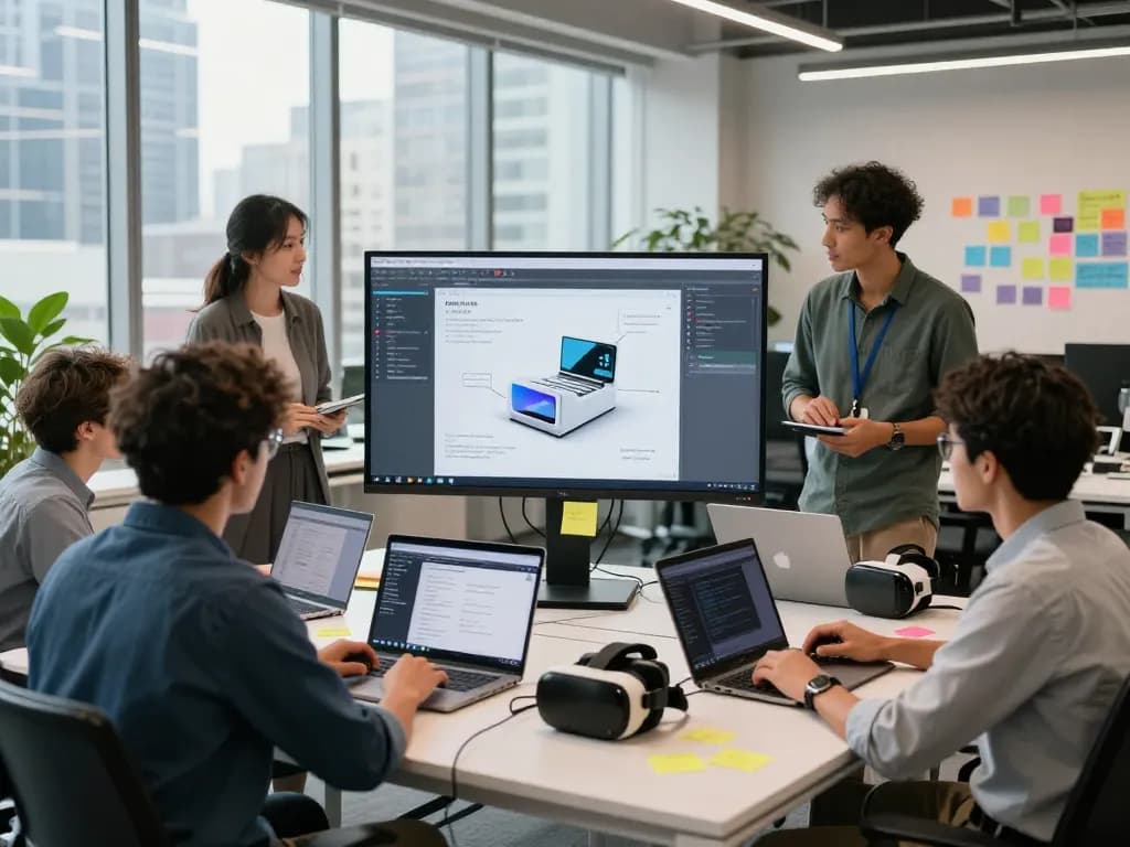 Interactive teamwork on 3D product configurator software in a modern office setting, showcasing collaboration.