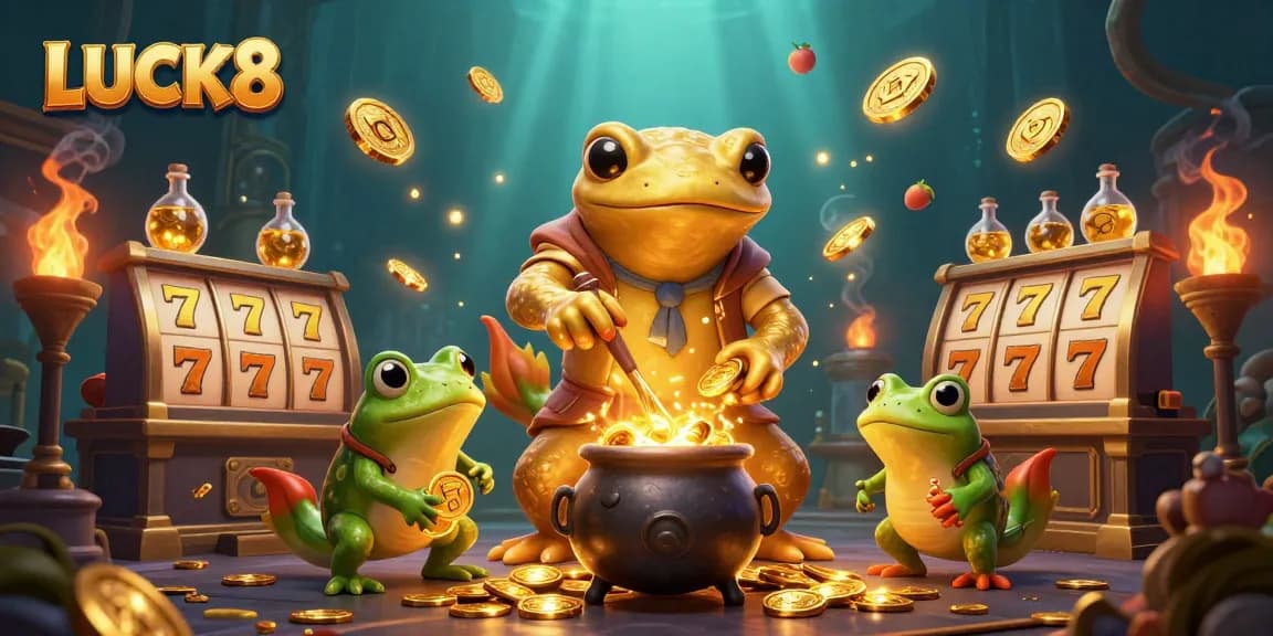 Engage in thrilling gameplay at LUCK8 with a vibrant casino scene full of action and gold.