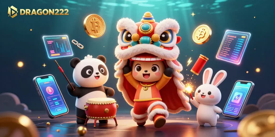 Experience the excitement of DRAGON222 with lively characters, slot elements, and vibrant celebrations in this casino-themed illustration.