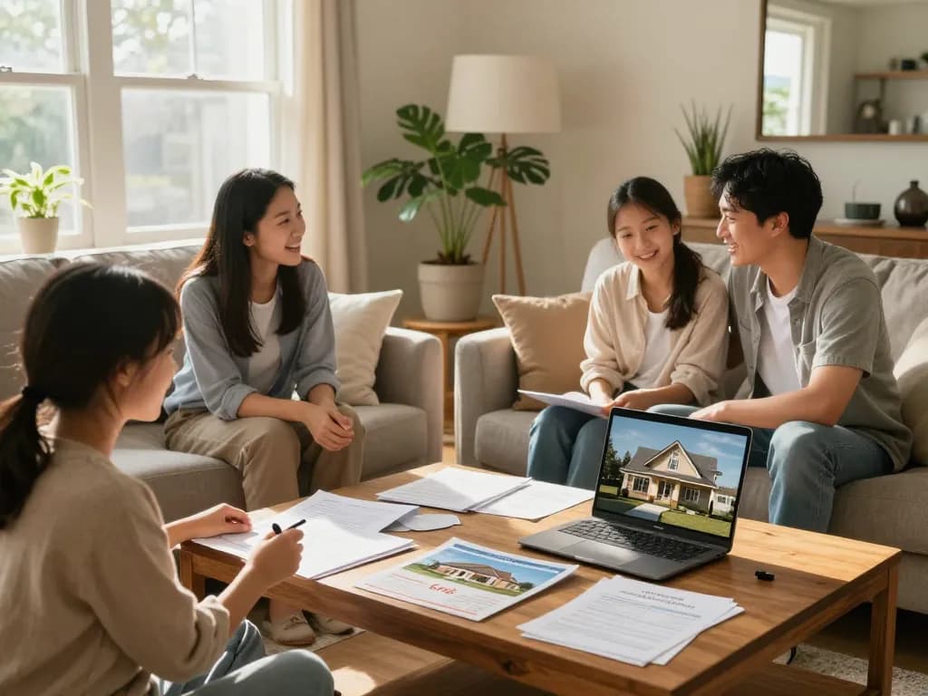 We buy houses for cash: A family discussing their home sale in a welcoming living room with warm lighting.