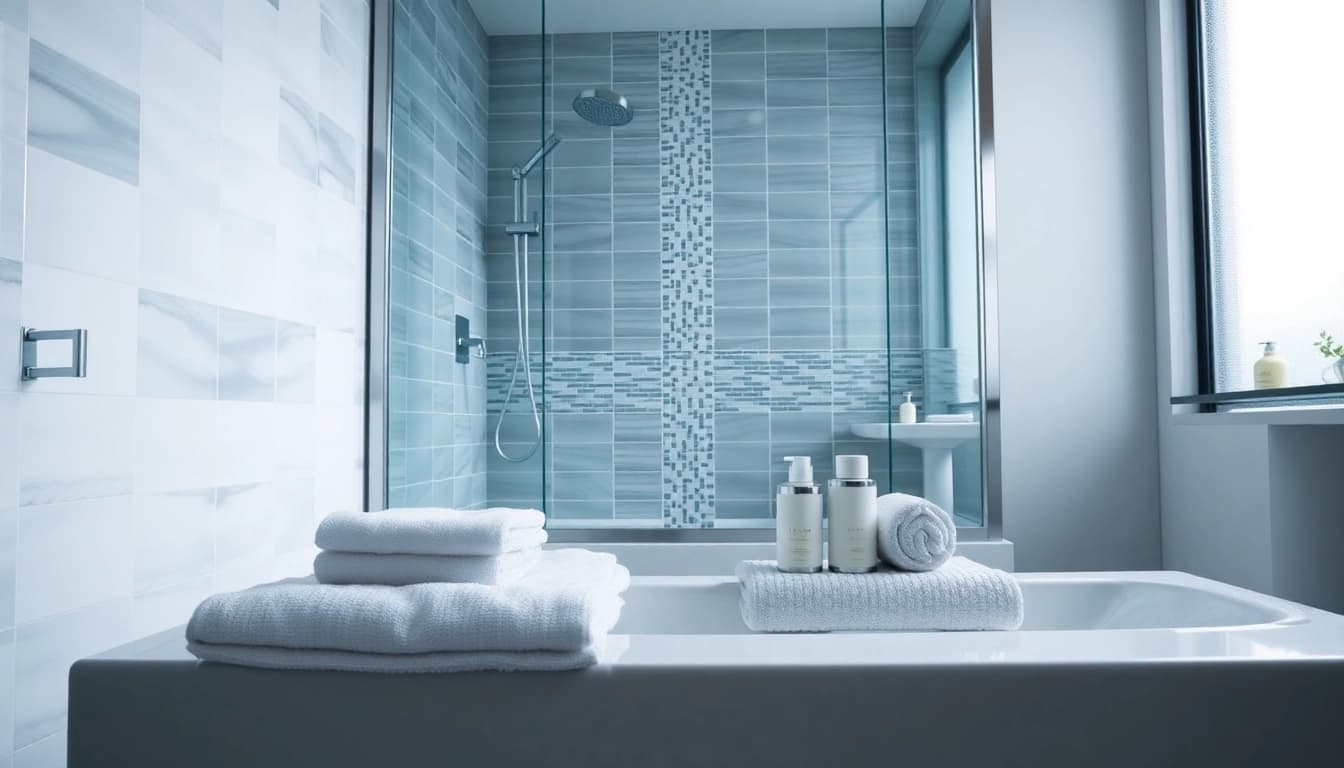 Duschkabine 90x90 in modernem Badezimmer mit sanften Farben und luxuriösem Design.