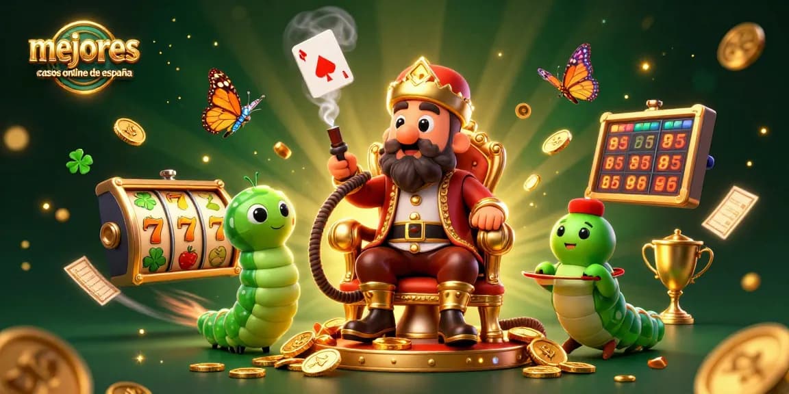 Ilustración de los mejores casinos online de España con un maestro hookah, símbolos de juego y monedas doradas.