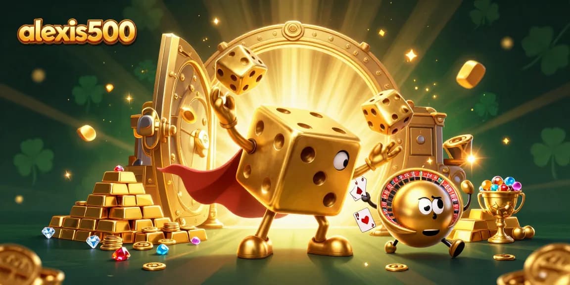 Experience the excitement of alexis500 with a dazzling 3D casino scene full of golden treasures and playful characters.