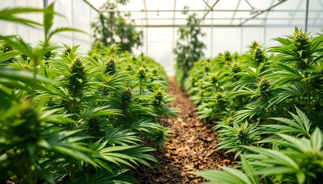 Die bluetenbande zeigt gesunde Cannabispflanzen in einem heller Gewächshaus.