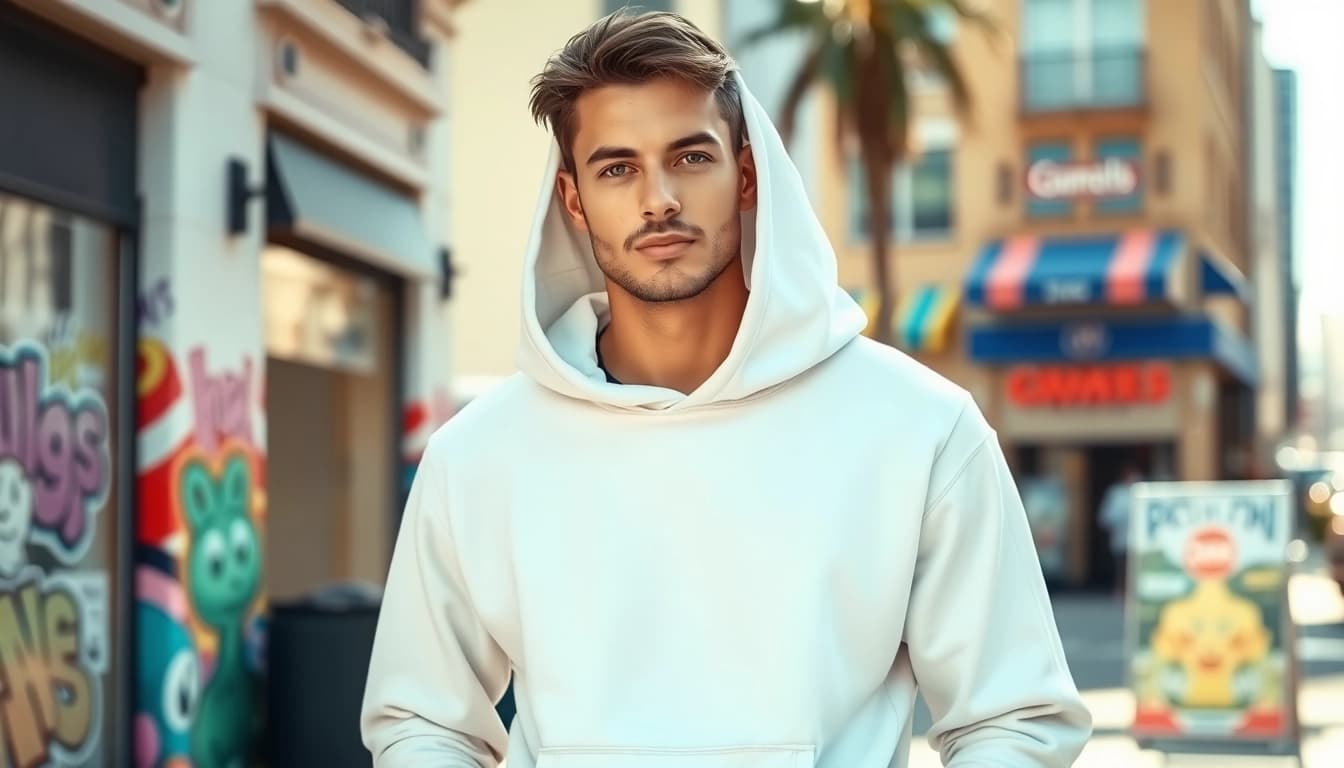Showcasing high quality blank hoodies worn stylishly in an urban setting.