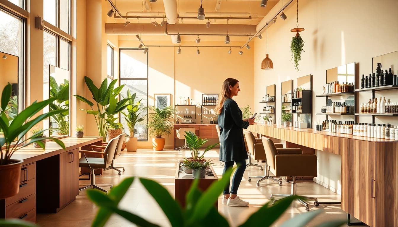 Addendum Salon's stylish interior with natural lighting, showcasing professionals providing hair services.