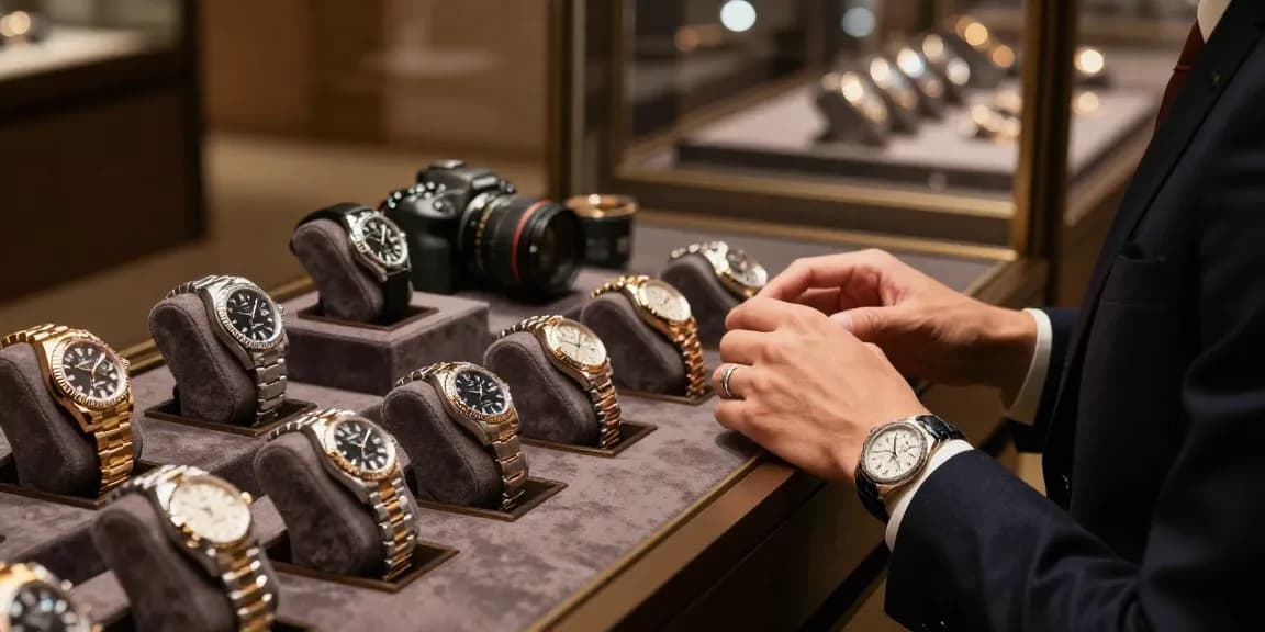 A sophisticated individual examines a luxury replica watch in a plush display, showcasing timeless craftsmanship and elegance.