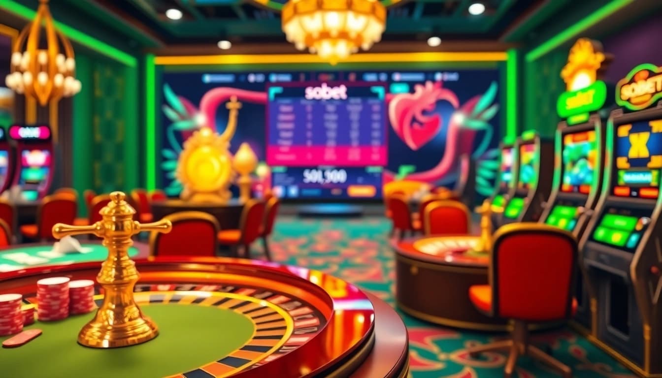 Experience sbobet gambling with vibrant casino tables and exciting slot machines in a luxurious setting.