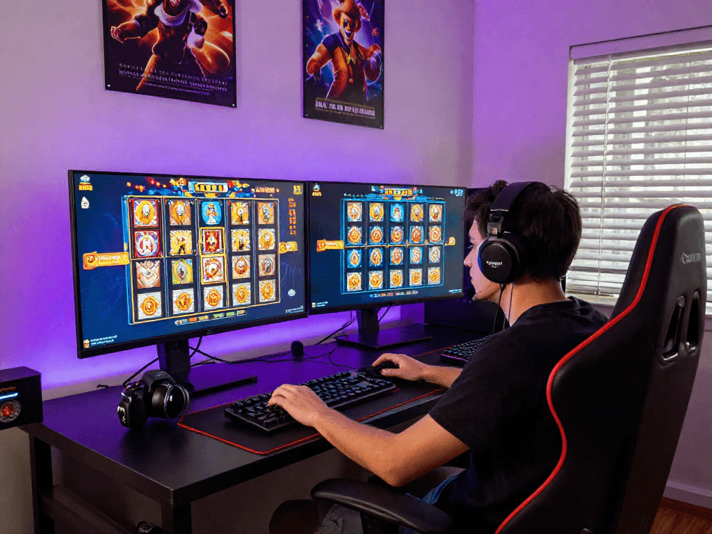Intense player enjoying slot server Kamboja gaming experience in a vibrant living room with colorful LED lights.