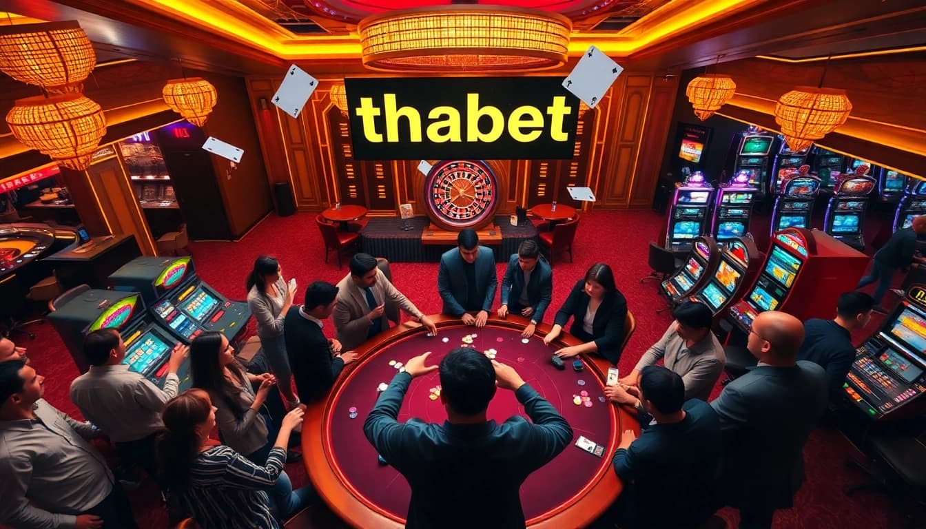 Players enjoying a thrilling poker game in a luxury casino with vibrant lights at thabet.