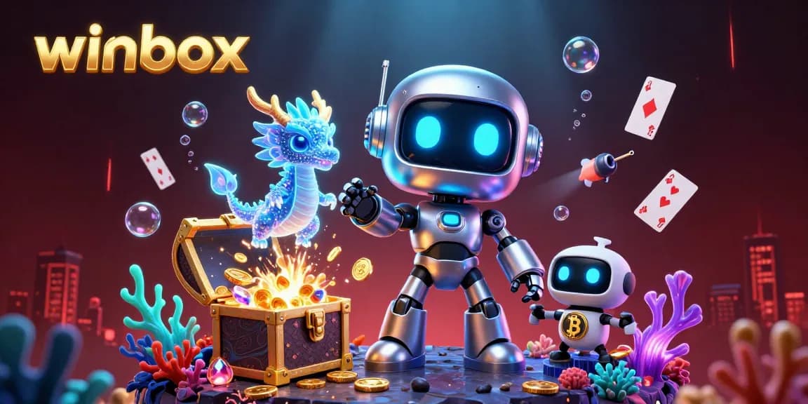 Winbox energizes players with a vibrant 3D scene featuring a cyberpunk mascot and a bitcoin drone.