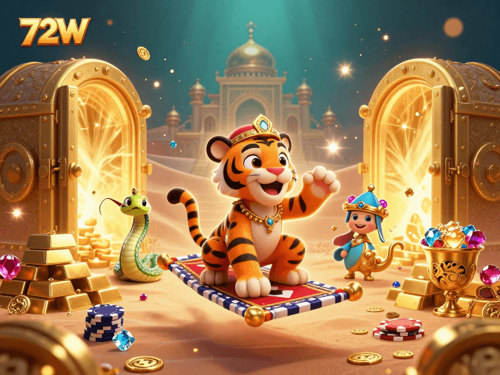 O sultão tigre de 72W voando em um tapete de fichas, cercado por tesouros e luzes cintilantes.