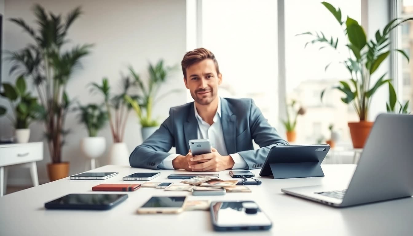 Sell your old phone for cash with a professional showcasing old smartphones and cash.
