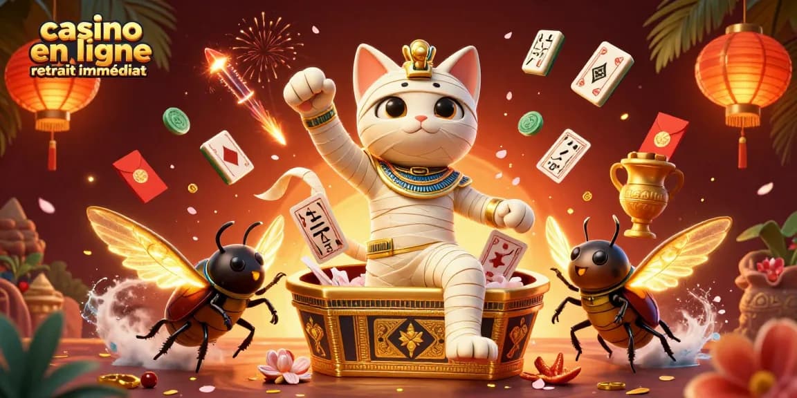Retirez vos gains rapidement avec le casino en ligne retrait immédiat, illustré par un chat momie égyptien et un scarabée.