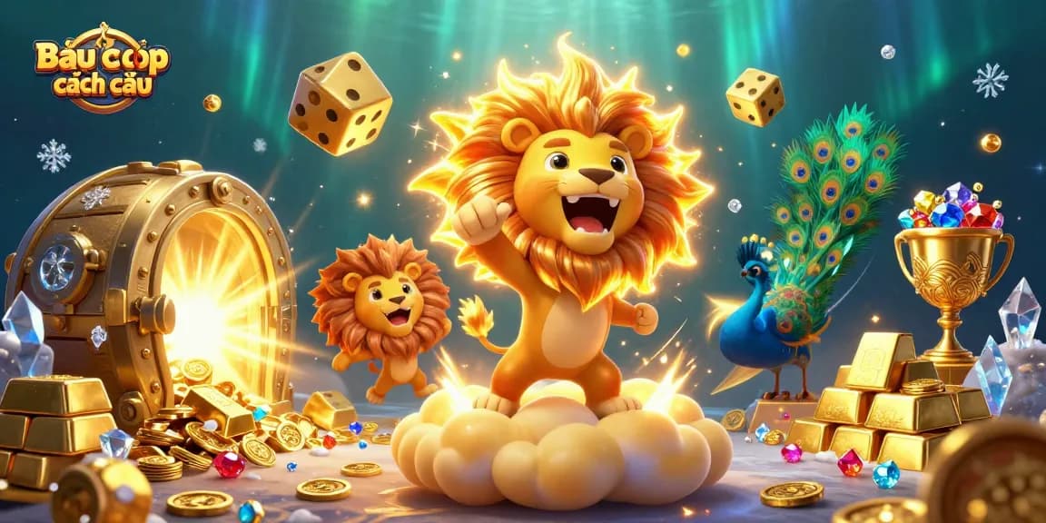 Experience Bầu cua cá cọp cách chơi with vibrant 3D casino-themed illustration full of gambling elements.