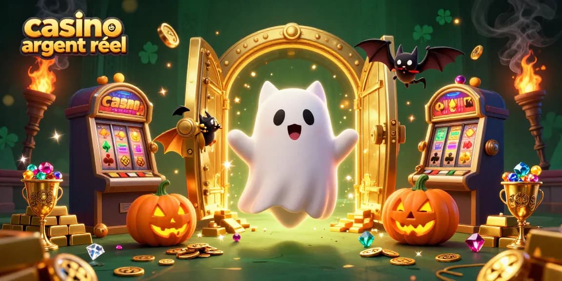 Gagnez de l'argent réel avec des jeux au casino en ligne argent réel, illustré par un chat fantôme et des symboles de jeu.
