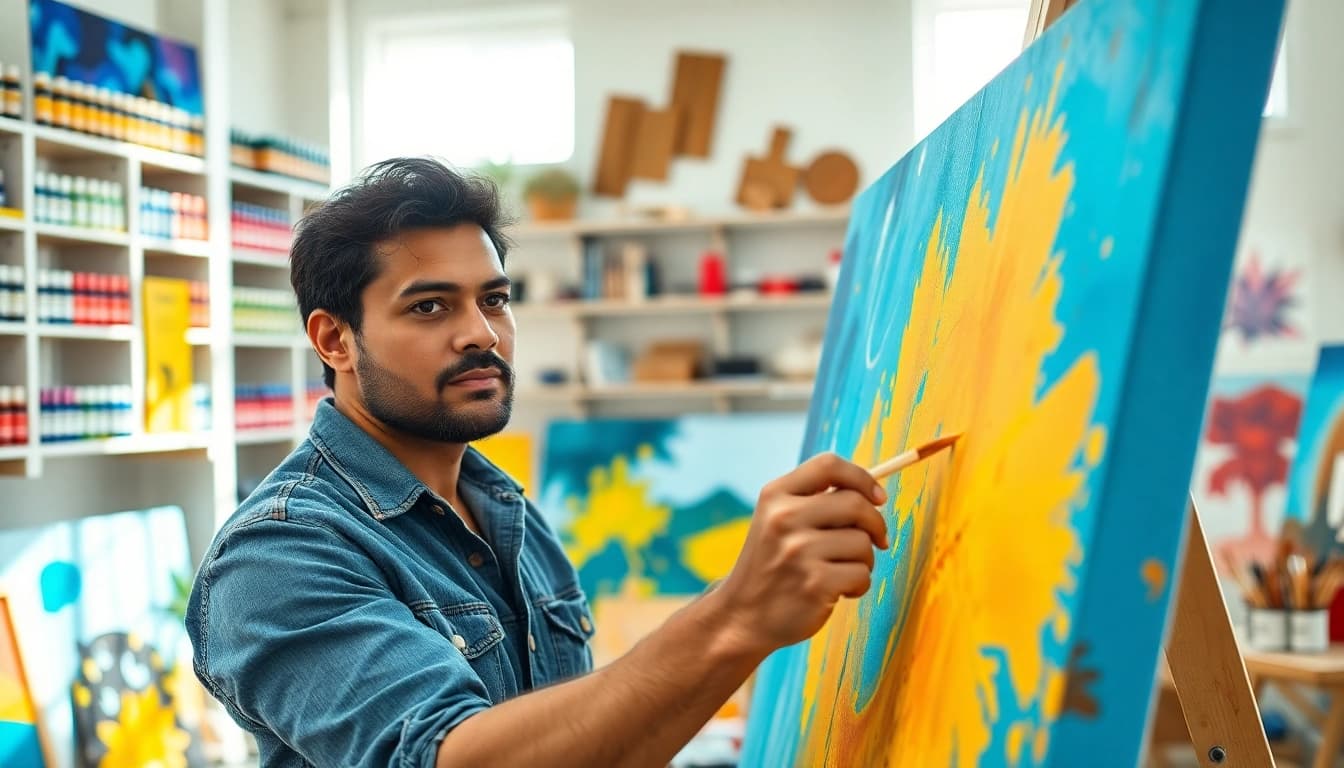 Canvas kunstwerken van een professionele kunstenaar in een kleurrijke studio creëren.
