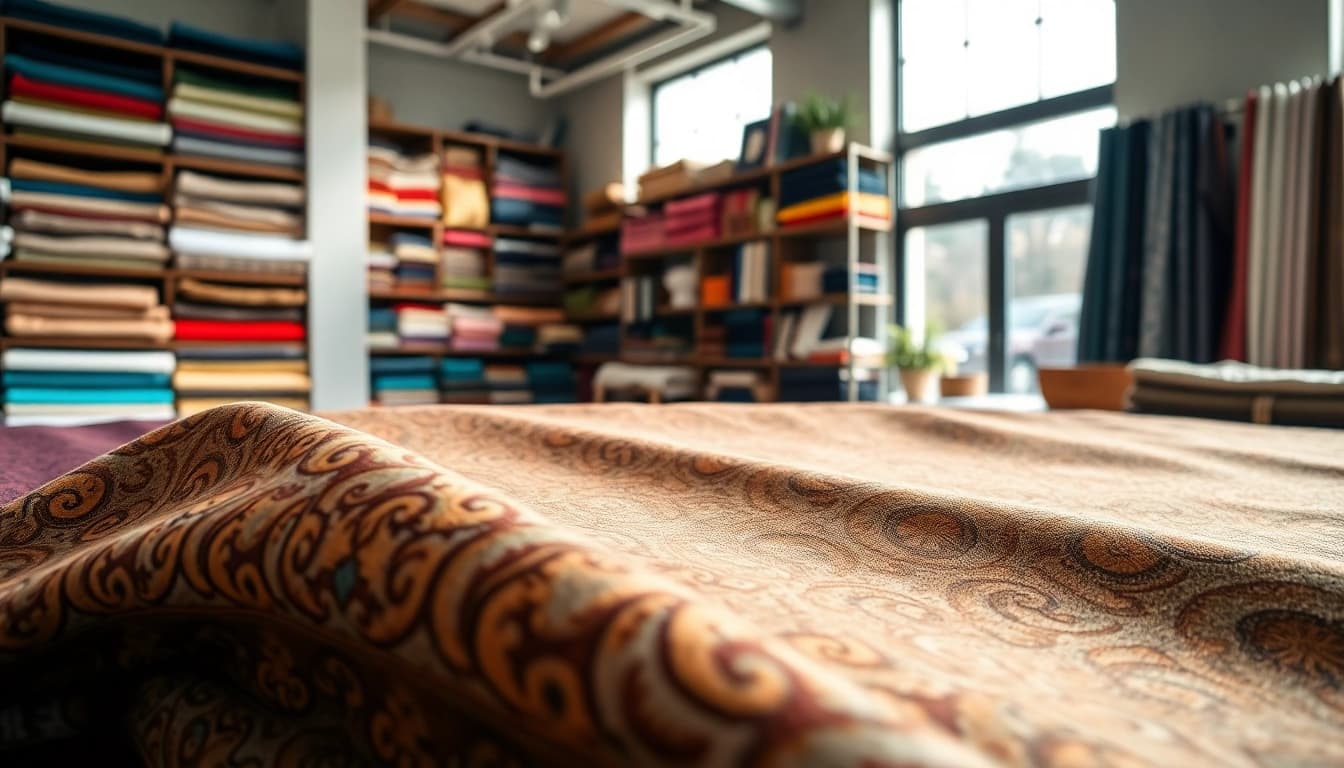 Punta di Roma textielpresentatie in een moderne stoffenwinkel met rijke patronen.