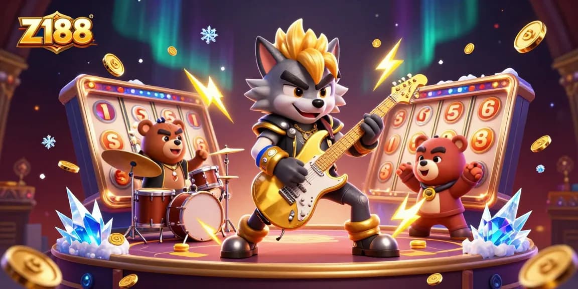 Z188 offers thrilling casino action with a 3D rock star wolf shredding a golden guitar amidst dynamic gaming elements.