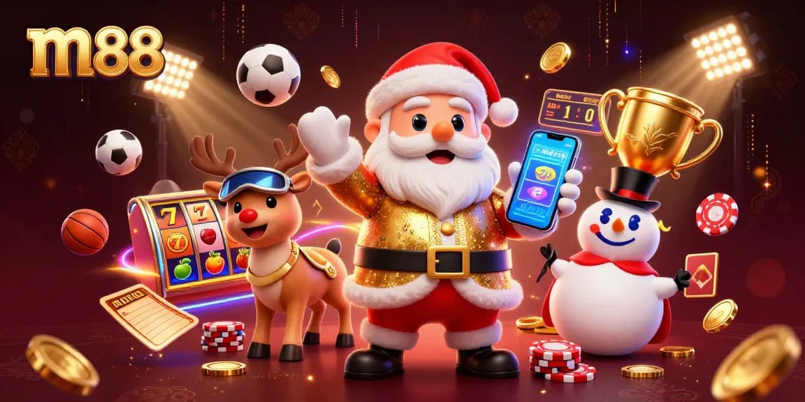 M88 brings excitement to casino gaming with a vibrant scene showcasing Santa and friends among slot elements.