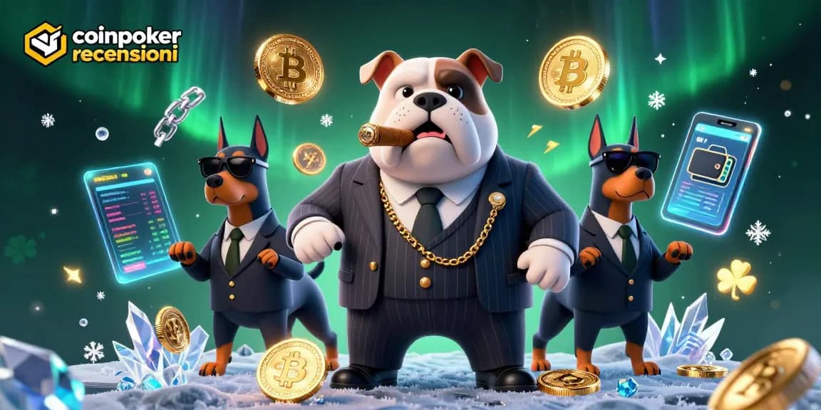 Scopri le recensioni di CoinPoker mentre un bulldog mafioso gioca a poker con i guardaspalle.