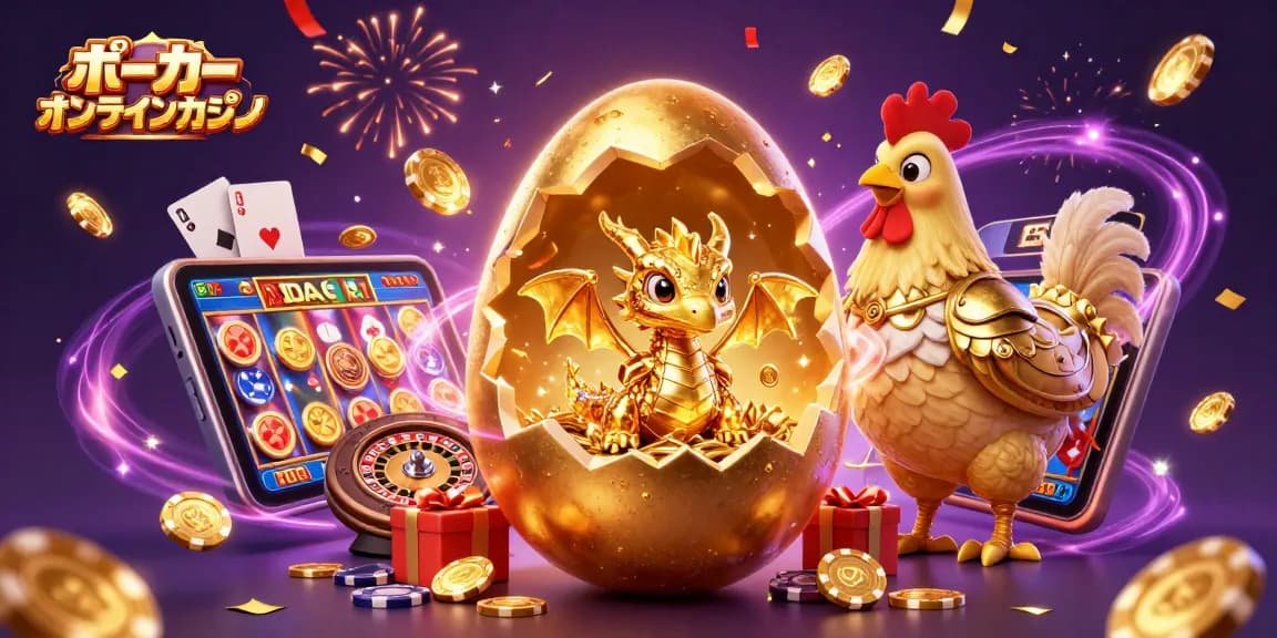 ポーカー オンラインカジノの煌びやかなシーンで、金色のドラゴンがポーカーチップの巣に座っているイラスト