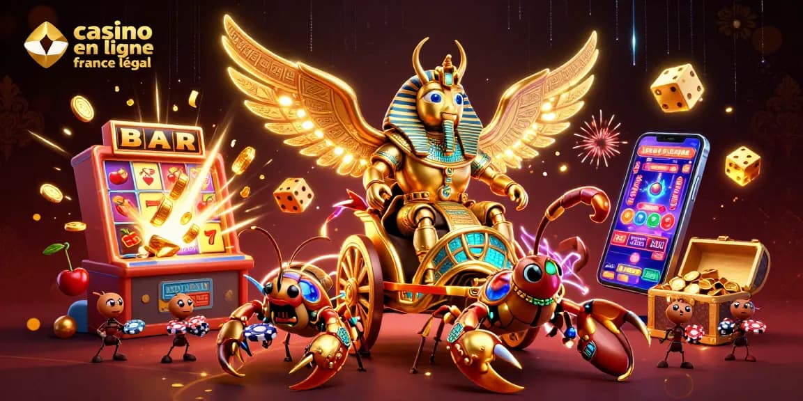 Illustration dynamique d'un scarabée doré au casino en ligne France légal avec des jetons de poker.