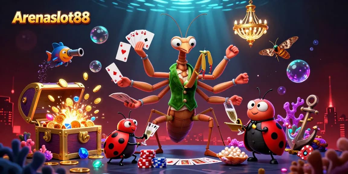Arenaslot88 menghadirkan ilustrasi kasino digital penuh warna dengan karakter unik dan elemen permainan menarik