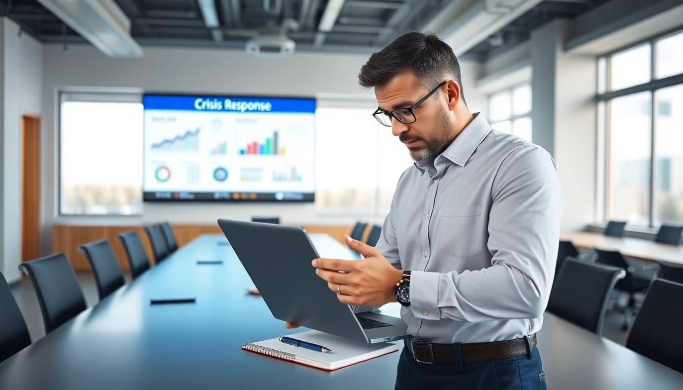 Crisis management consultant analyzing data in a corporate office setting.